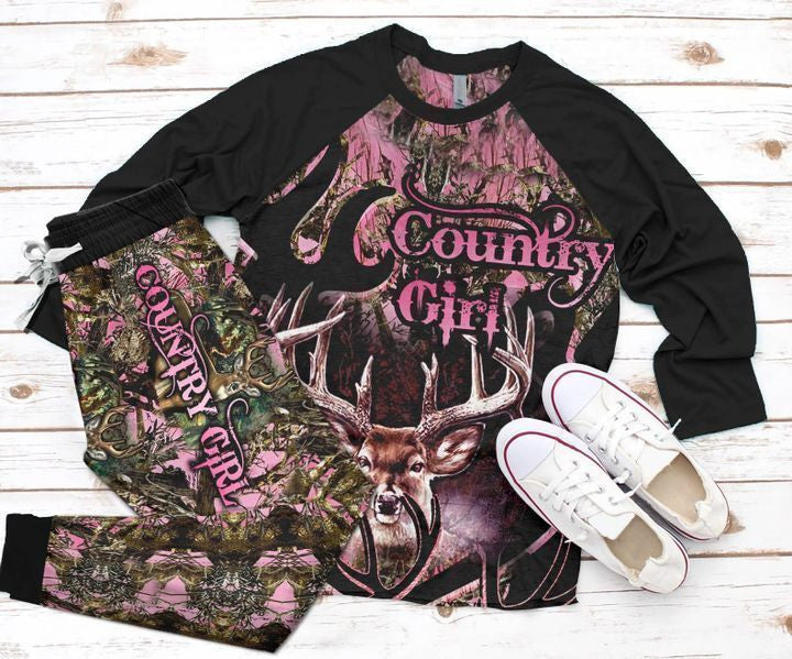 Deer Hunting Country Girl Pajama Set |Sleepwear Pjs Sets | Raglan Shirt Pants Set