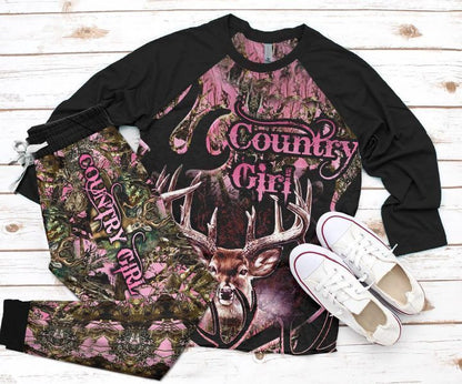 Deer Hunting Country Girl Pajama Set |Sleepwear Pjs Sets | Raglan Shirt Pants Set