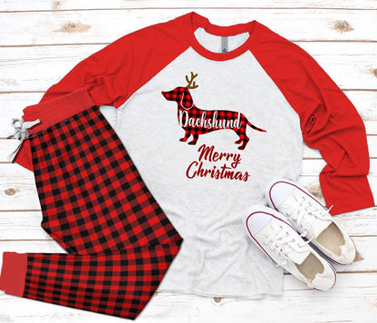 Dachshund Merry Christmas Pajama Set |Sleepwear Pjs Sets | Raglan Shirt Pants Set