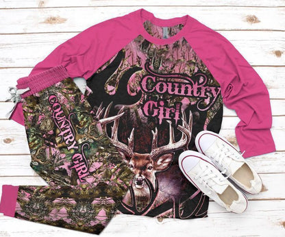 Deer Hunting Country Girl Pajama Set |Sleepwear Pjs Sets | Raglan Shirt Pants Set