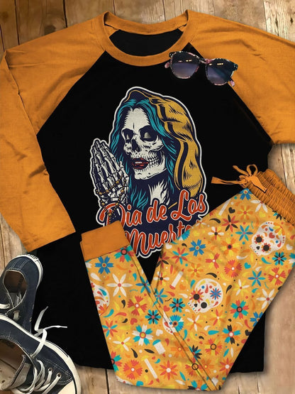 Day Of The Dead Cool Girl Pajama Set |Sleepwear Pjs Sets | Raglan Shirt Pants Set