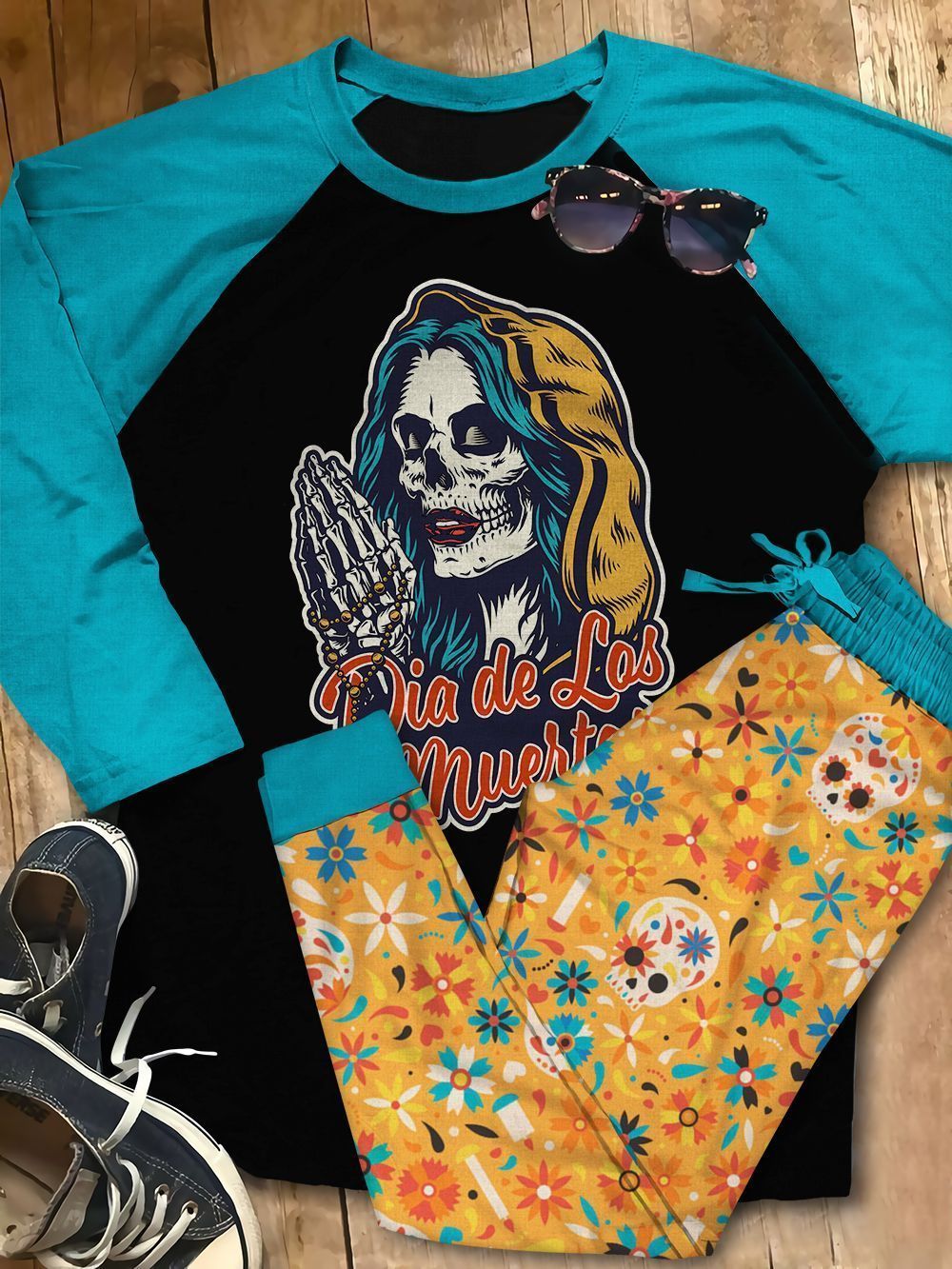 Day Of The Dead Cool Girl Pajama Set |Sleepwear Pjs Sets | Raglan Shirt Pants Set