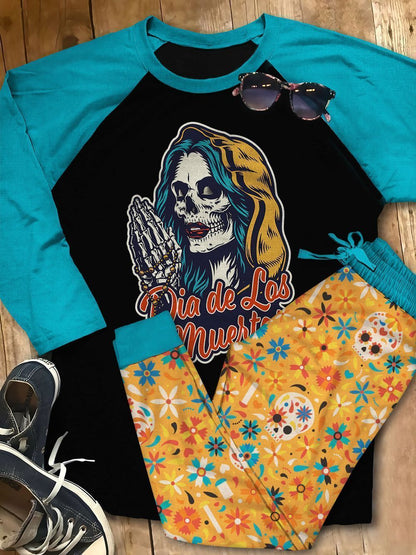 Day Of The Dead Cool Girl Pajama Set |Sleepwear Pjs Sets | Raglan Shirt Pants Set