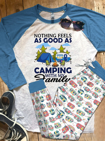 Camping Camping With Family Blue Amazing Pajama Set |Sleepwear Pjs Sets | Raglan Shirt Pants Set