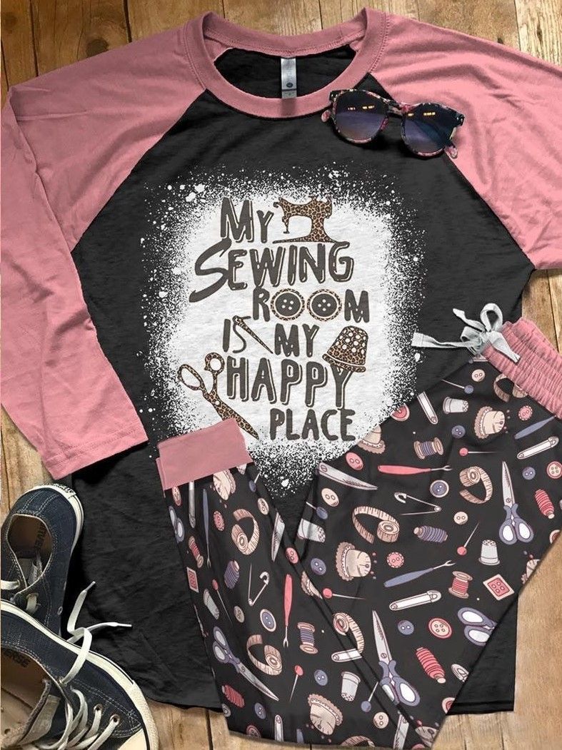 Sewing Happy Place Pajama Set |Sleepwear Pjs Sets | Raglan Shirt Pants Set