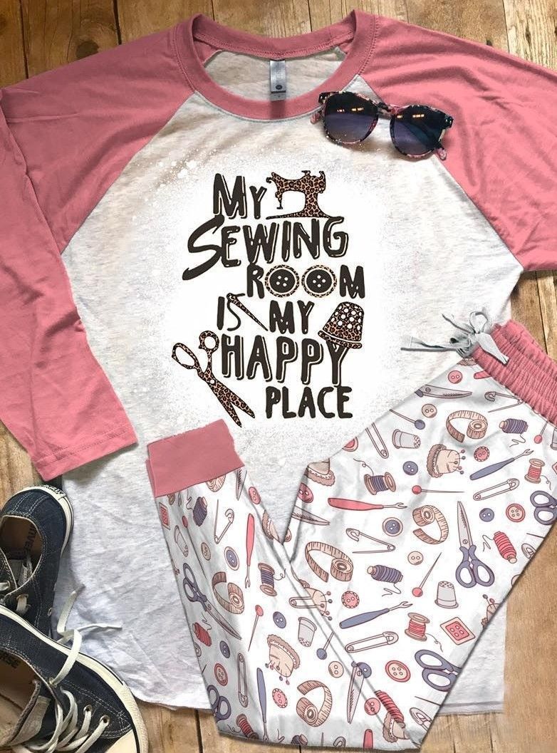 Sewing Happy Place Pajama Set |Sleepwear Pjs Sets | Raglan Shirt Pants Set