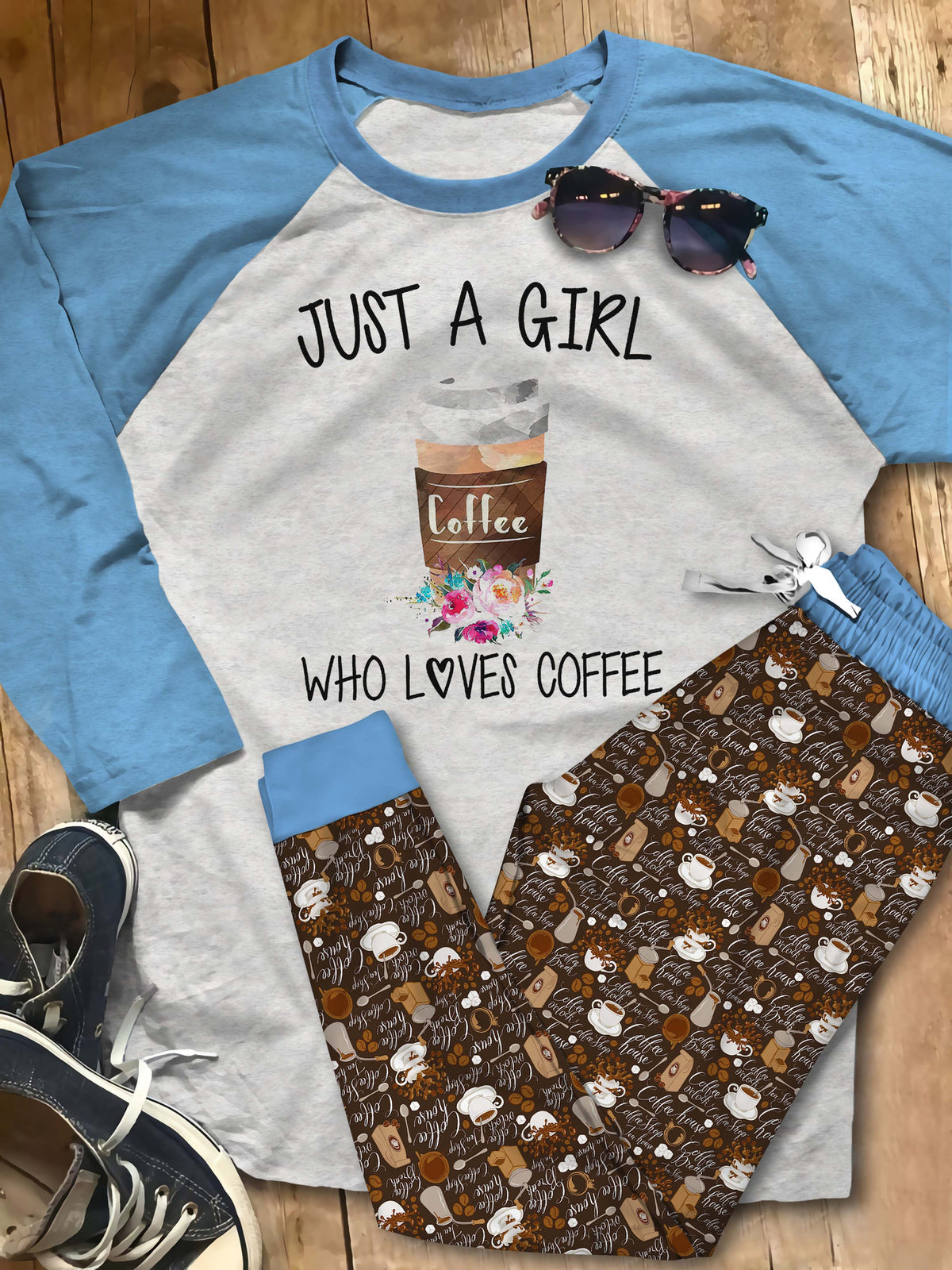 Coffee Just A Girl Who Loves Coffee Pajama Set |Sleepwear Pjs Sets | Raglan Shirt Pants Set
