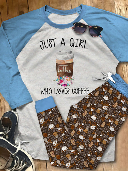 Coffee Just A Girl Who Loves Coffee Pajama Set |Sleepwear Pjs Sets | Raglan Shirt Pants Set