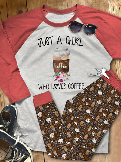 Coffee Just A Girl Who Loves Coffee Pajama Set |Sleepwear Pjs Sets | Raglan Shirt Pants Set
