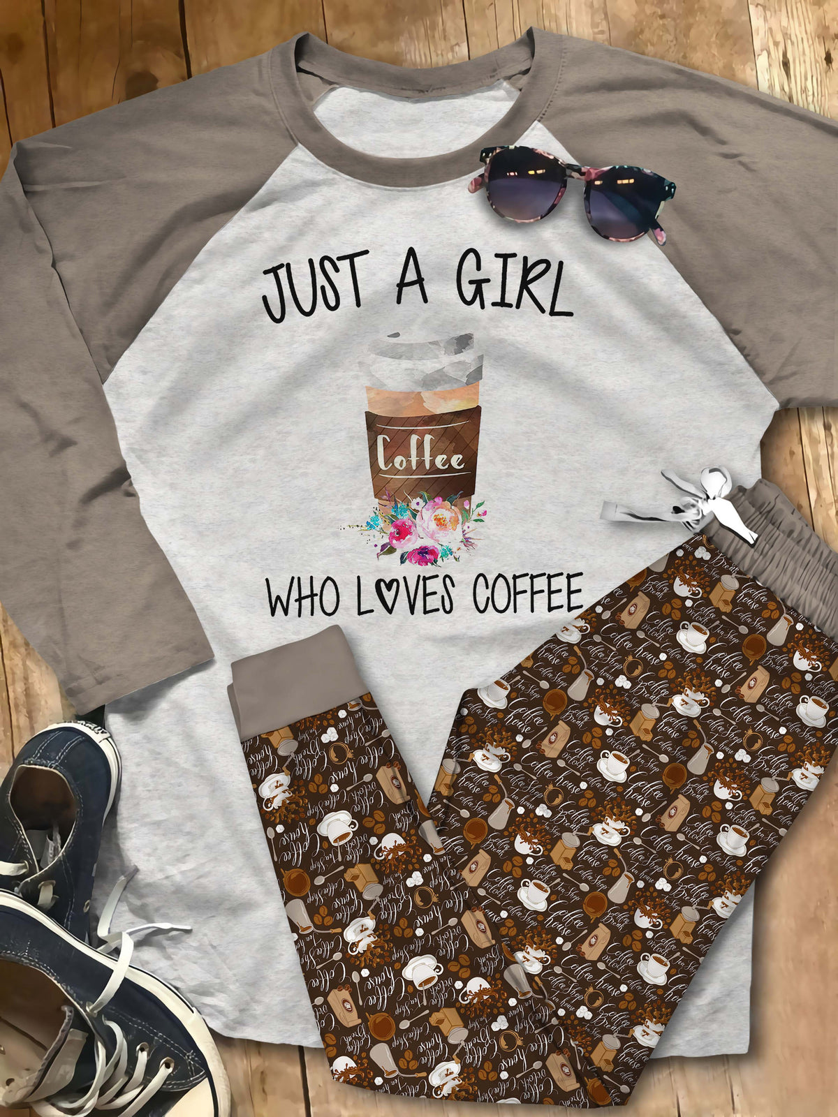 Coffee Just A Girl Who Loves Coffee Pajama Set |Sleepwear Pjs Sets | Raglan Shirt Pants Set