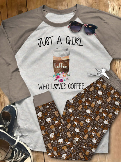 Coffee Just A Girl Who Loves Coffee Pajama Set |Sleepwear Pjs Sets | Raglan Shirt Pants Set