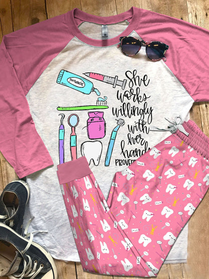 Dentist Pink Best Pajama Set |Sleepwear Pjs Sets | Raglan Shirt Pants Set