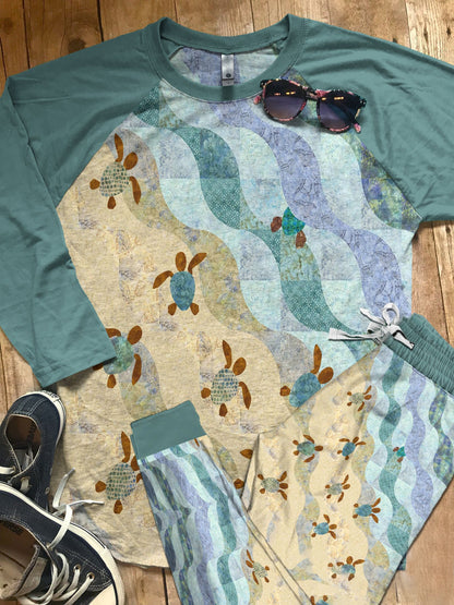 Sea Turtle Teal Good Quality Pajama Set |Sleepwear Pjs Sets | Raglan Shirt Pants Set