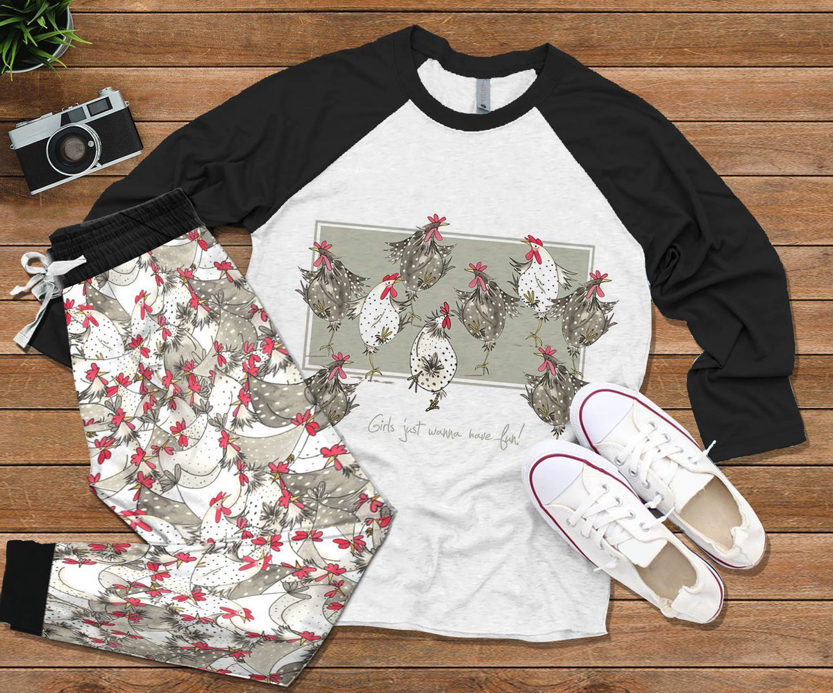 Chicken Set Girls Just Wanna Have Fun Pajama Set |Sleepwear Pjs Sets | Raglan Shirt Pants Set