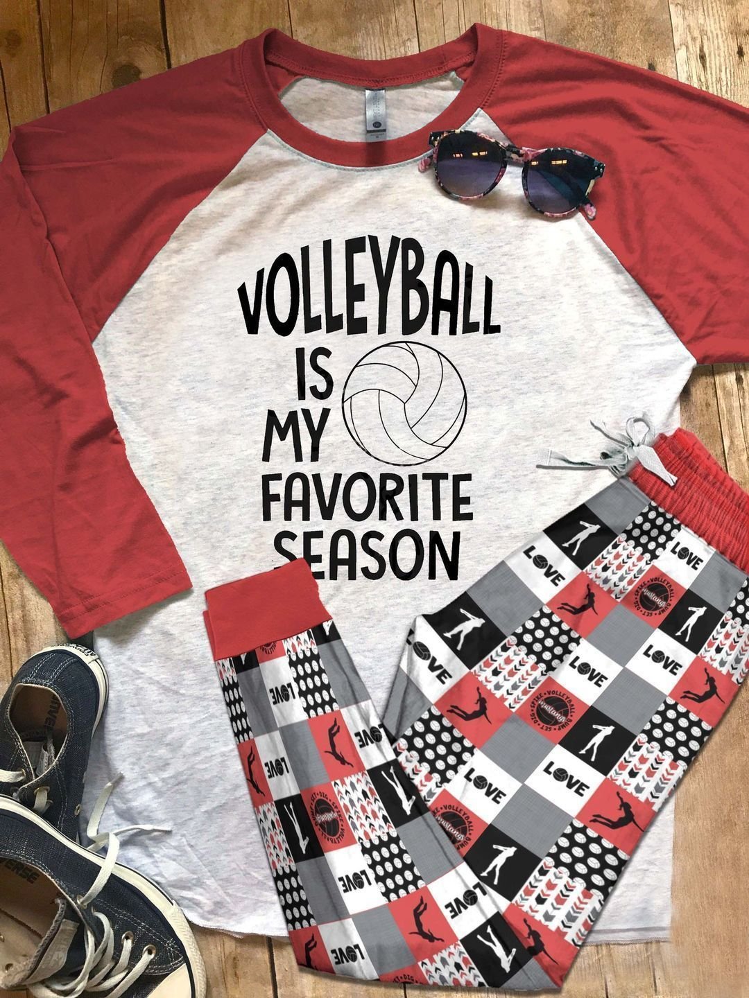 Volleyball My Favorite Season Red Unique Pajama Set |Sleepwear Pjs Sets | Raglan Shirt Pants Set