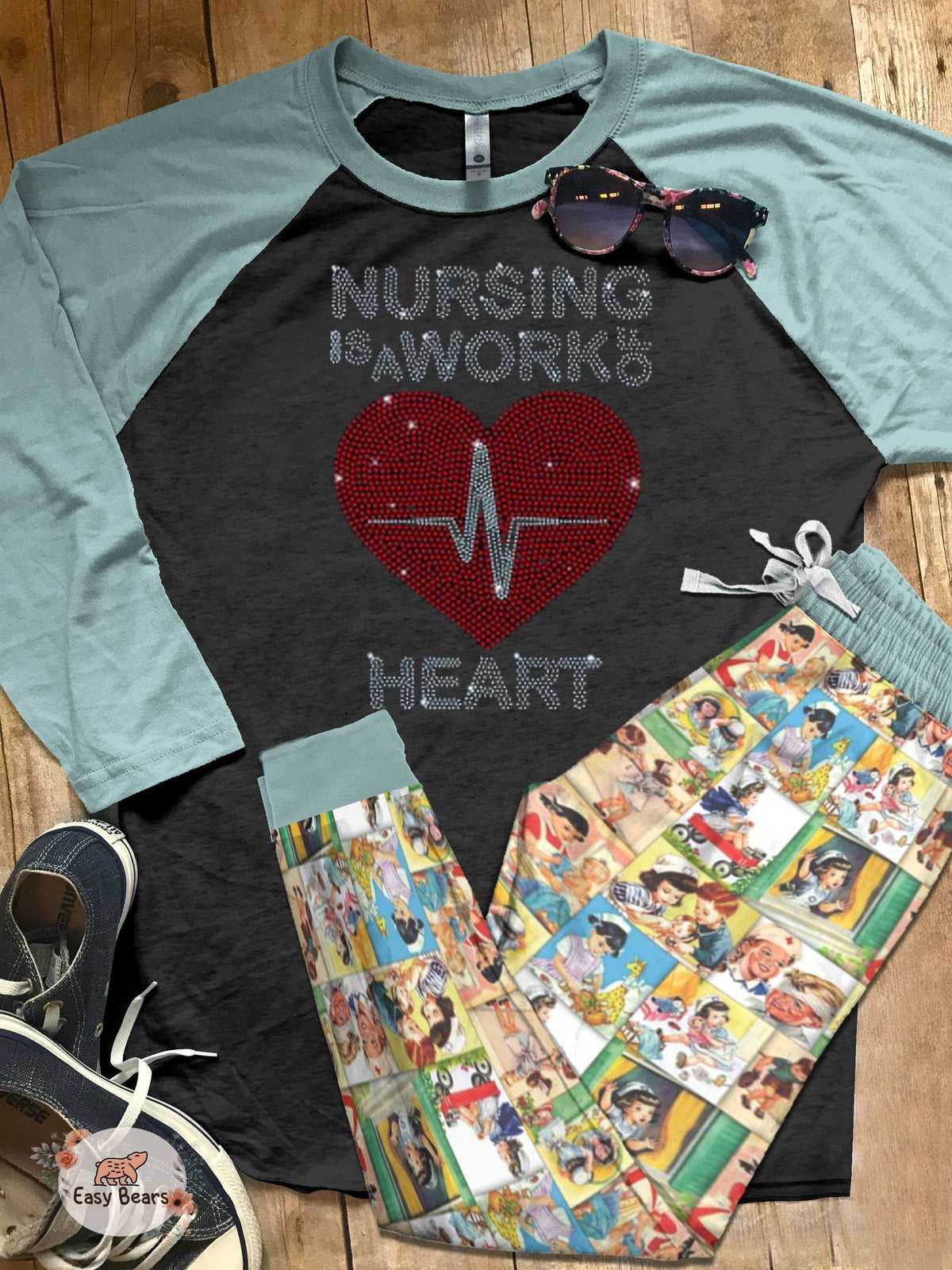Nurse Set Work Of Heart Pajama Set |Sleepwear Pjs Sets | Raglan Shirt Pants Set