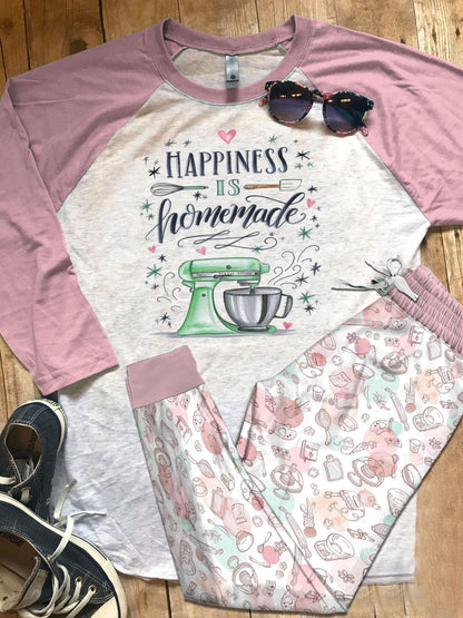Baking Happiness Is Homemade Pink Unique Pajama Set |Sleepwear Pjs Sets | Raglan Shirt Pants Set