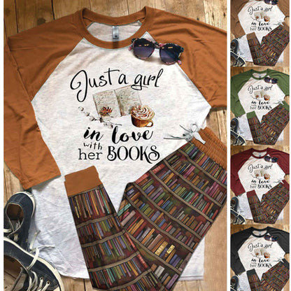 Reading Just A Girl In Love With Her Book Pajama Set |Sleepwear Pjs Sets | Raglan Shirt Pants Set