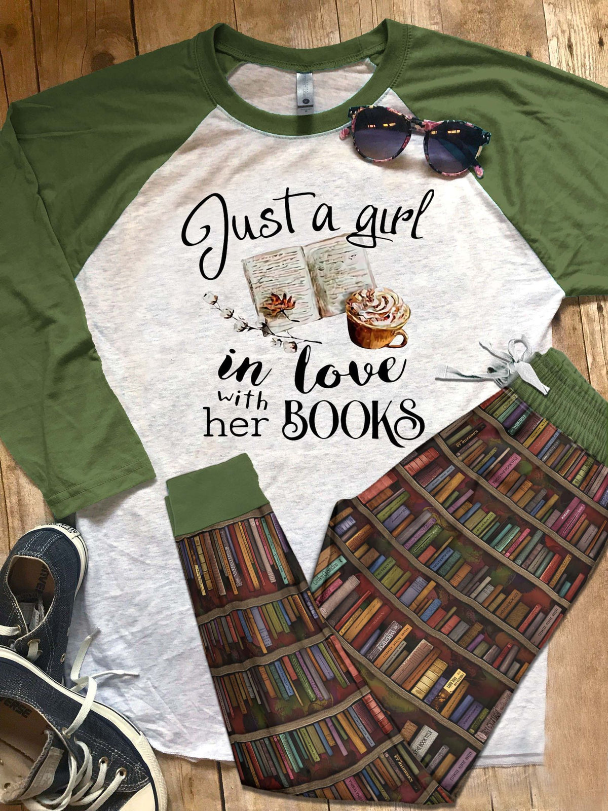 Reading Just A Girl In Love With Her Book Pajama Set |Sleepwear Pjs Sets | Raglan Shirt Pants Set