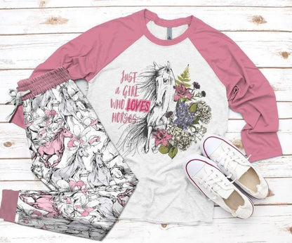 Horse Just A Girl Who Loves Horse Pink High Quality Pajama Set |Sleepwear Pjs Sets | Raglan Shirt Pants Set