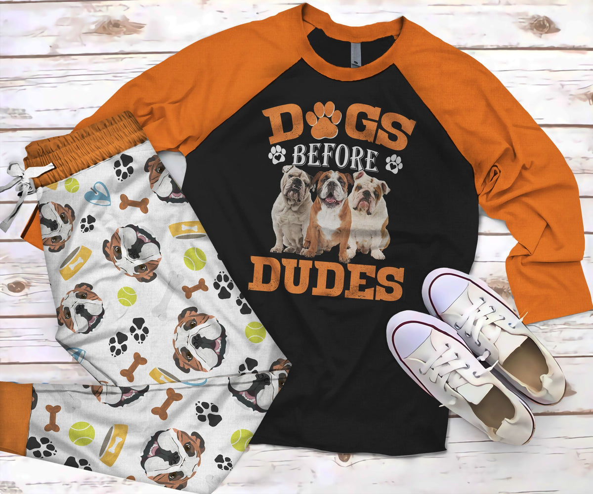English Bulldog Dogs Before Dudes Orange Amazing Pajama Set |Sleepwear Pjs Sets | Raglan Shirt Pants Set