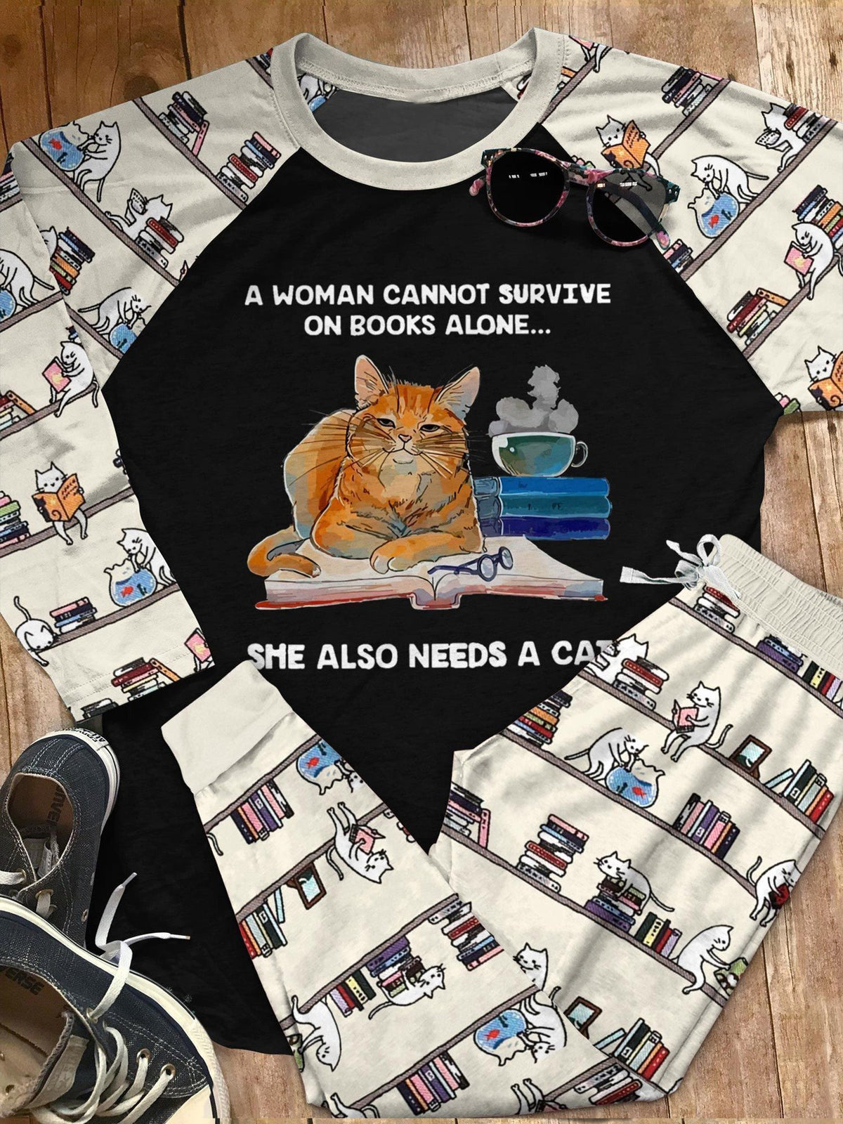 Reading Cat Set Woman Need Books And A Cat Pajama Set |Sleepwear Pjs Sets | Raglan Shirt Pants Set