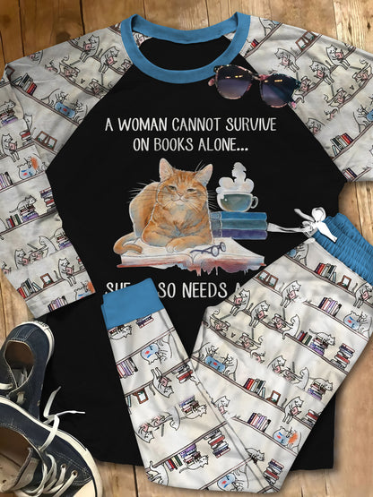 Reading Cat Set Woman Need Books And A Cat Pajama Set |Sleepwear Pjs Sets | Raglan Shirt Pants Set