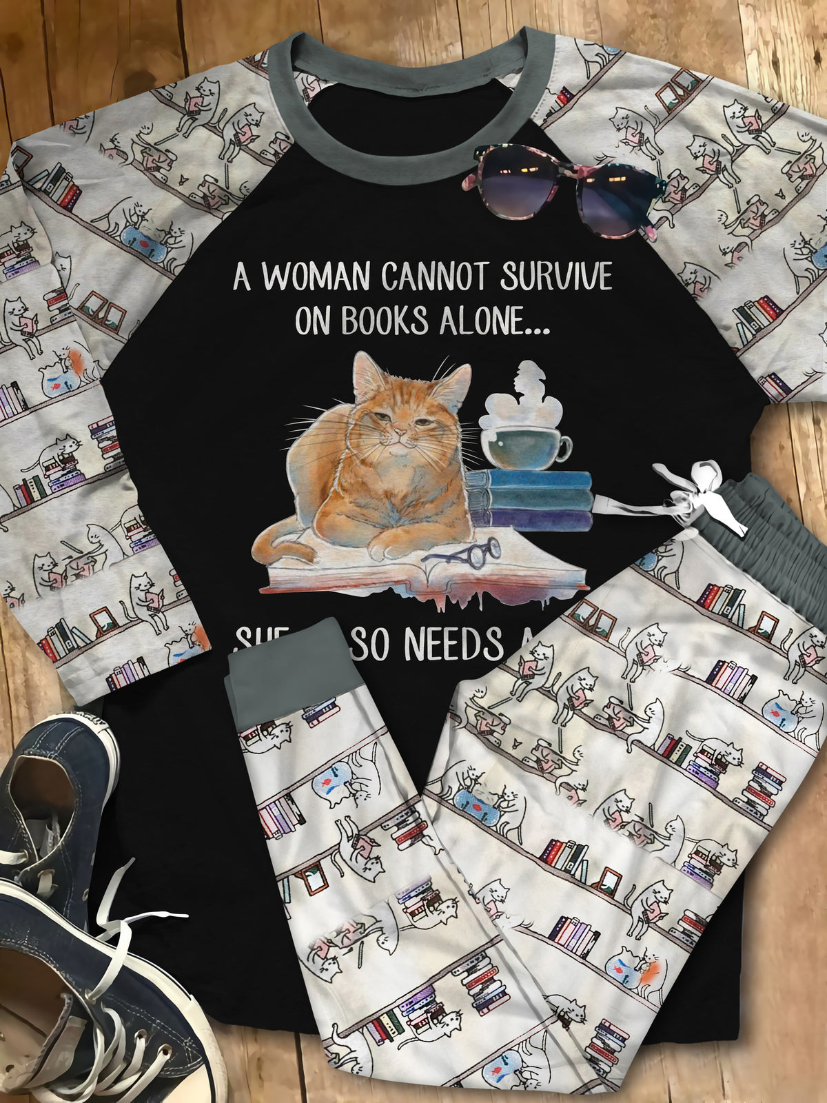 Reading Cat Set Woman Need Books And A Cat Pajama Set |Sleepwear Pjs Sets | Raglan Shirt Pants Set