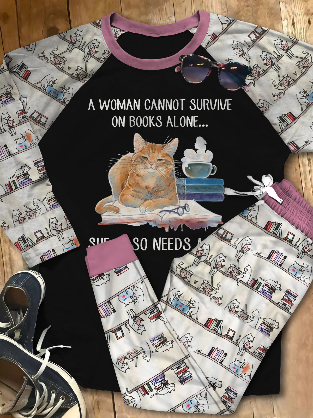 Reading Cat Set Woman Need Books And A Cat Pajama Set |Sleepwear Pjs Sets | Raglan Shirt Pants Set