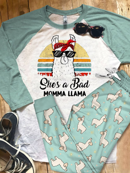 Llama Bad Momma Pajama Set |Sleepwear Pjs Sets | Raglan Shirt Pants Set
