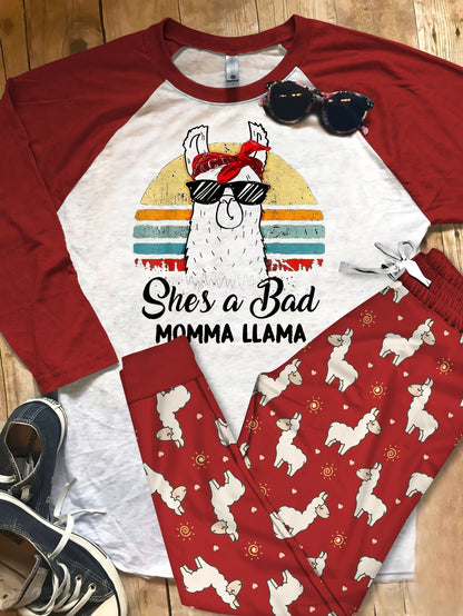 Llama Bad Momma Pajama Set |Sleepwear Pjs Sets | Raglan Shirt Pants Set