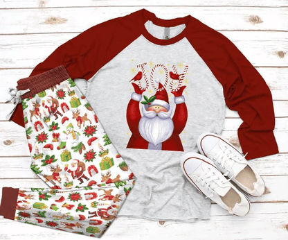 Santa Claus Joy Gr Burgundy Awesome Pajama Set |Sleepwear Pjs Sets | Raglan Shirt Pants Set
