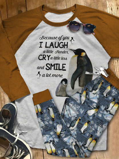 Penguin I Laugh Pajama Set |Sleepwear Pjs Sets | Raglan Shirt Pants Set