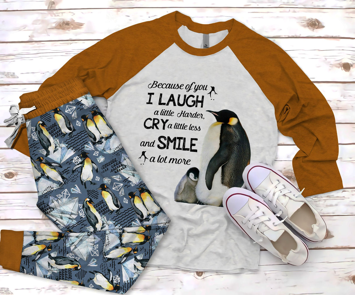 Penguin I Laugh Pajama Set |Sleepwear Pjs Sets | Raglan Shirt Pants Set