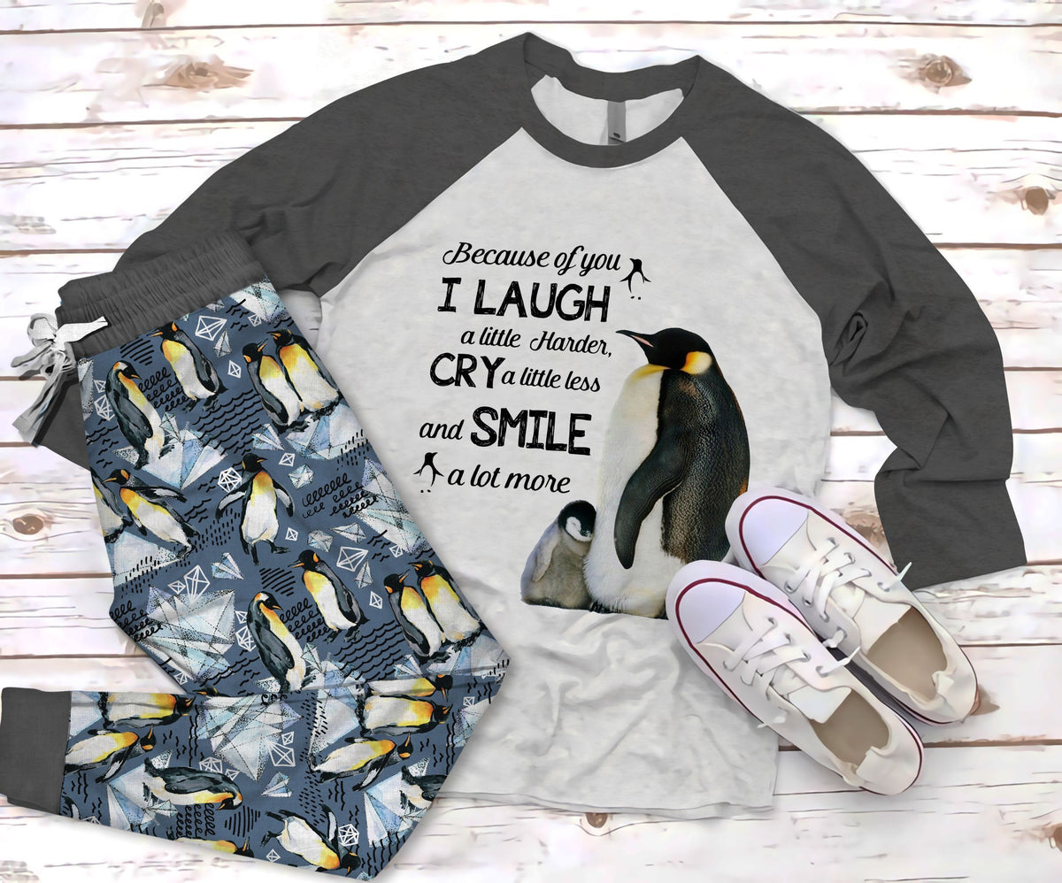 Penguin I Laugh Pajama Set |Sleepwear Pjs Sets | Raglan Shirt Pants Set
