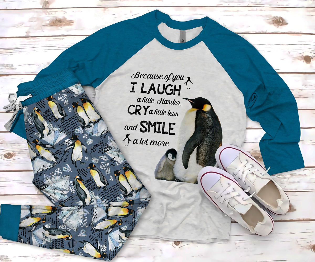 Penguin I Laugh Pajama Set |Sleepwear Pjs Sets | Raglan Shirt Pants Set
