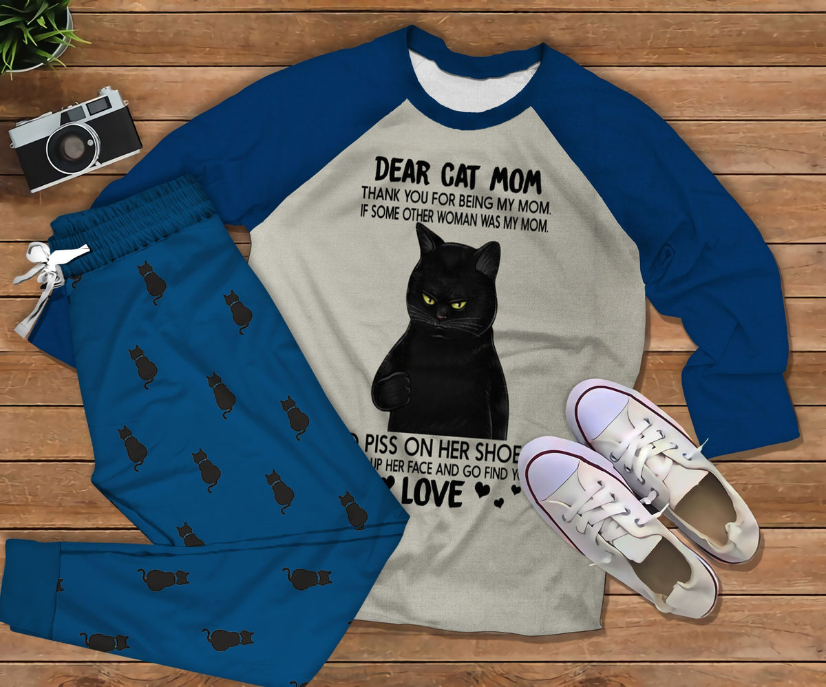 Black Cat Cat Mom Blue Unique Pajama Set |Sleepwear Pjs Sets | Raglan Shirt Pants Set