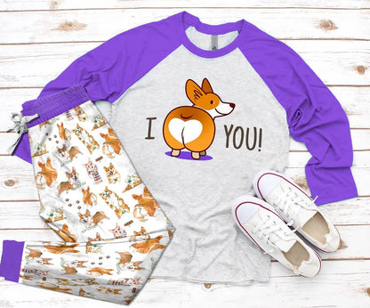 Corgi Purple Unique Pajama Set |Sleepwear Pjs Sets | Raglan Shirt Pants Set