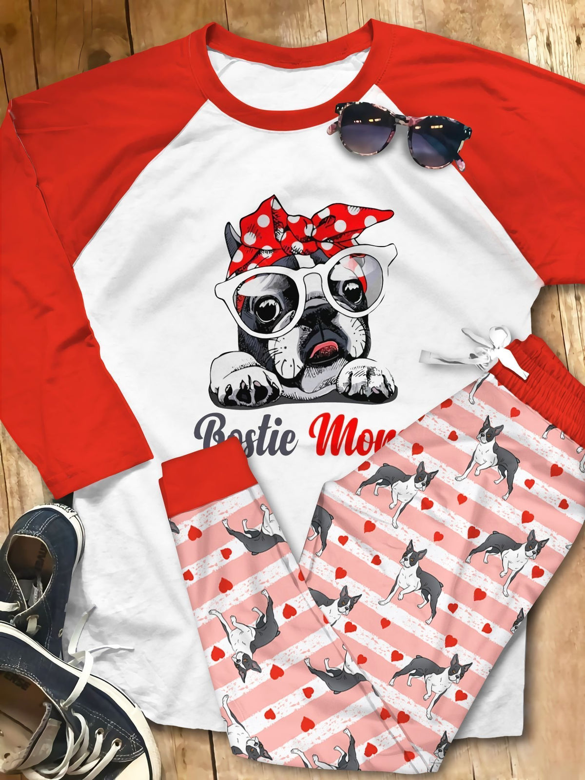 Boston Terrier Boston Mom Red Amazing Pajama Set |Sleepwear Pjs Sets | Raglan Shirt Pants Set