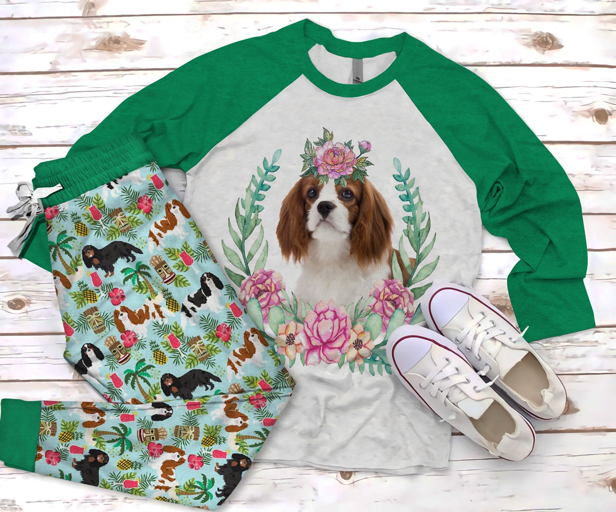 Cavalier King Charles Spaniel Flower Green Awesome Pajama Set |Sleepwear Pjs Sets | Raglan Shirt Pants Set