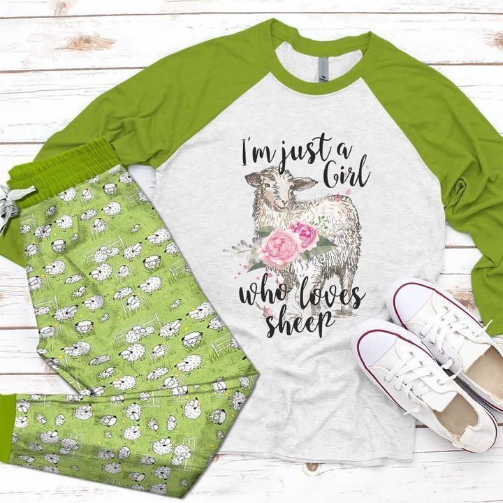 Farmer Just A Girl Who Loves Sheep Green Nice Pajama Set |Sleepwear Pjs Sets | Raglan Shirt Pants Set