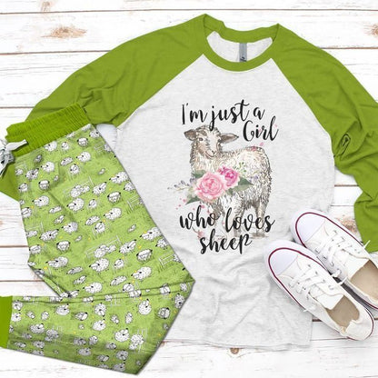 Farmer Just A Girl Who Loves Sheep Green Nice Pajama Set |Sleepwear Pjs Sets | Raglan Shirt Pants Set