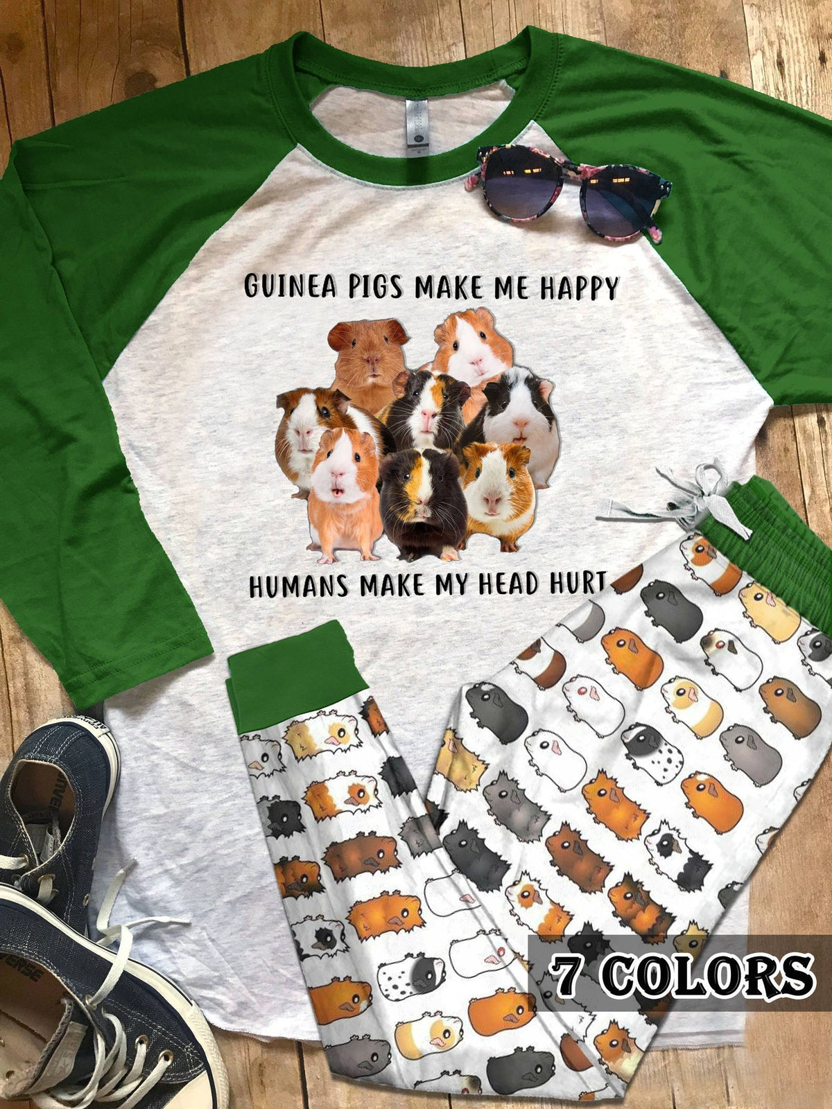 Guinea Pig Green Amazing Pajama Set |Sleepwear Pjs Sets | Raglan Shirt Pants Set
