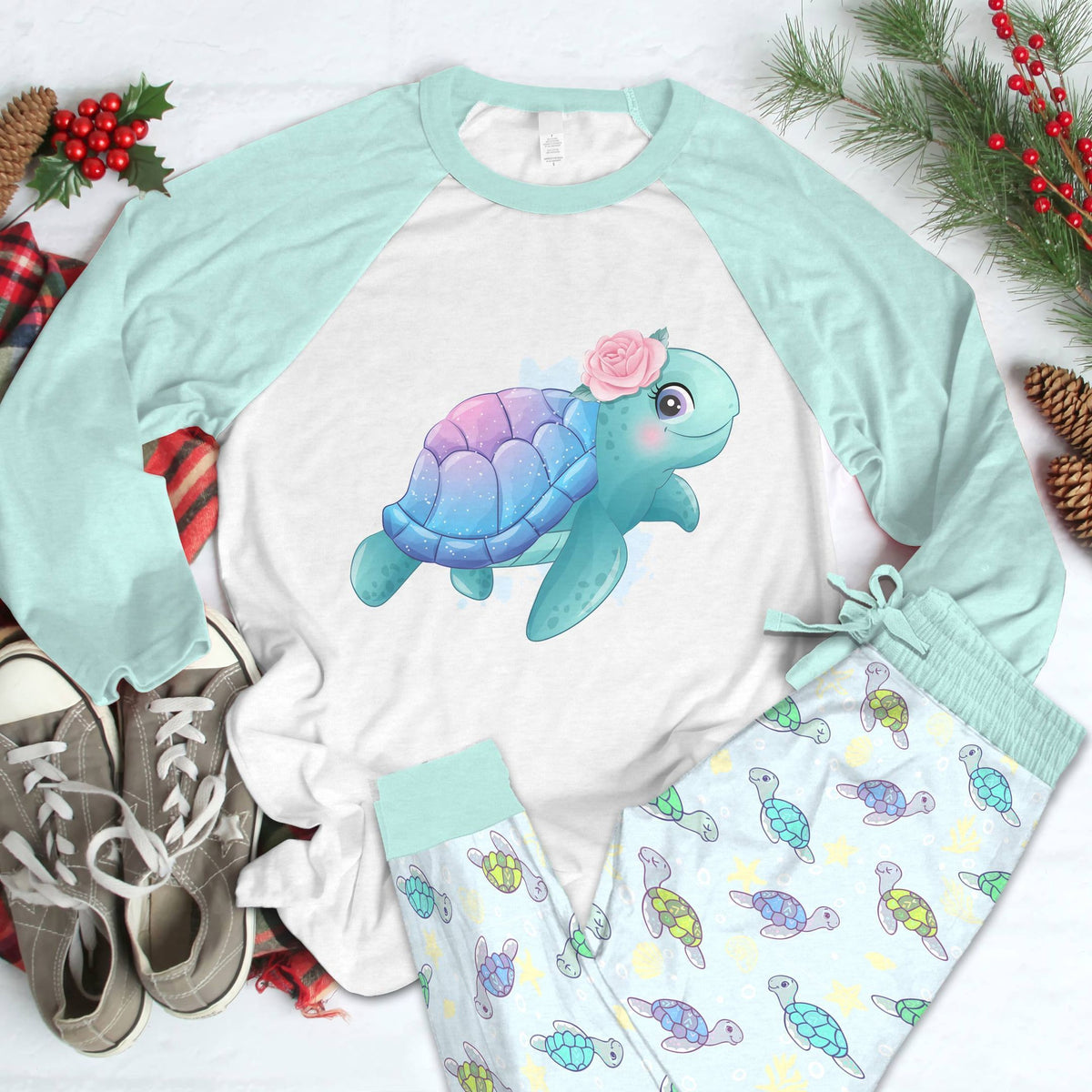 Sea Turtle Blue Ocean Pajama Set |Sleepwear Pjs Sets | Raglan Shirt Pants Set