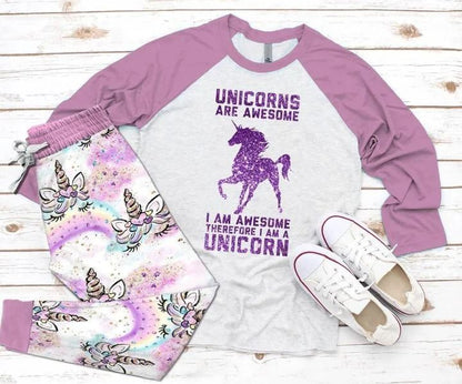 Unicorn Twinlke Unicorns Purple Amazing Pajama Set |Sleepwear Pjs Sets | Raglan Shirt Pants Set