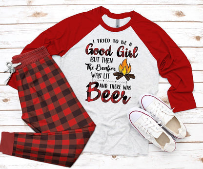 Camping Try To Be A Good Girl Red Amazing Pajama Set |Sleepwear Pjs Sets | Raglan Shirt Pants Set