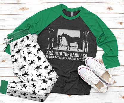 Horse With A Cute Girl Green Good Pajama Set |Sleepwear Pjs Sets | Raglan Shirt Pants Set