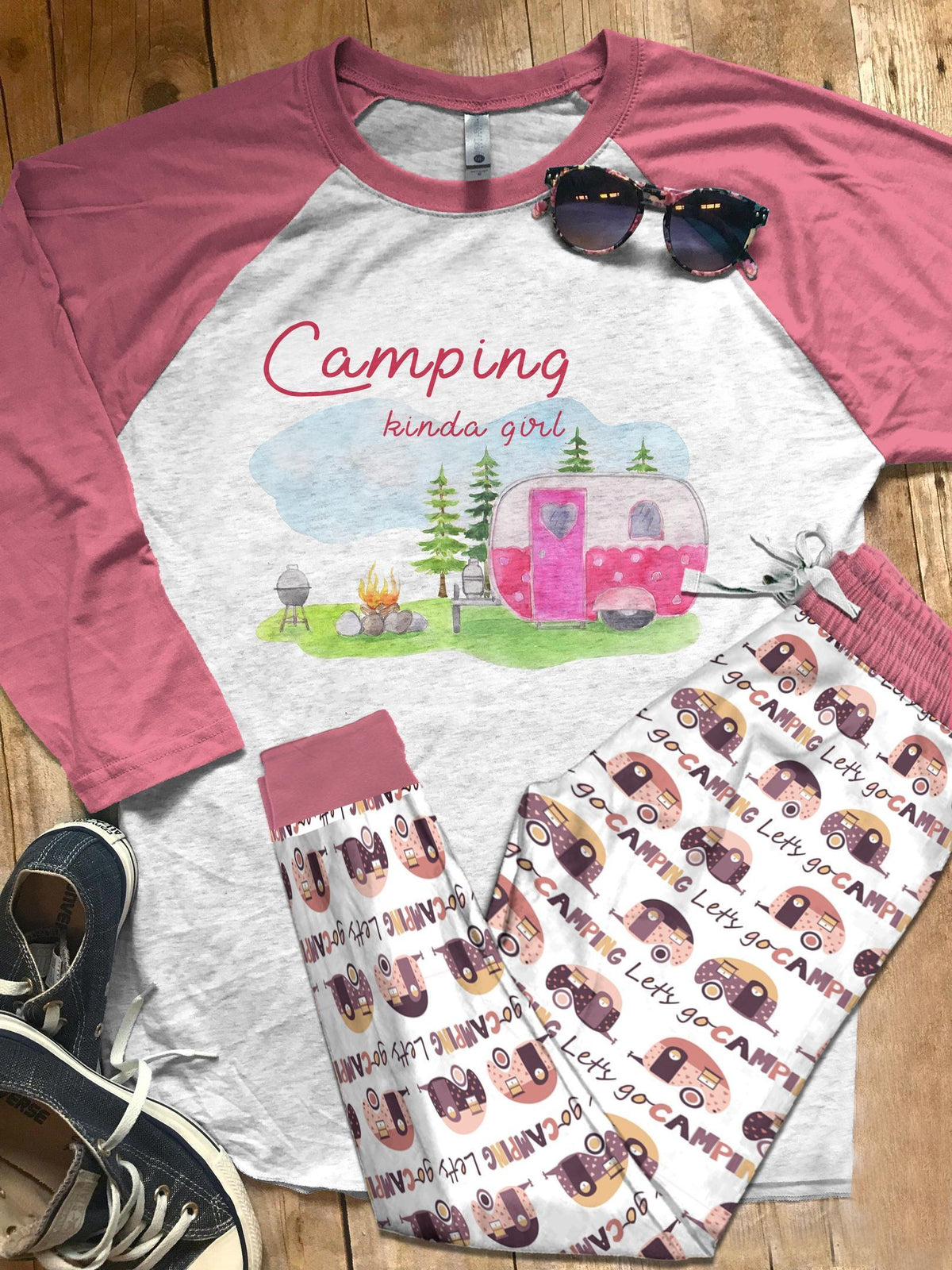 Camping Camping Kinda Girl Pajama Set |Sleepwear Pjs Sets | Raglan Shirt Pants Set