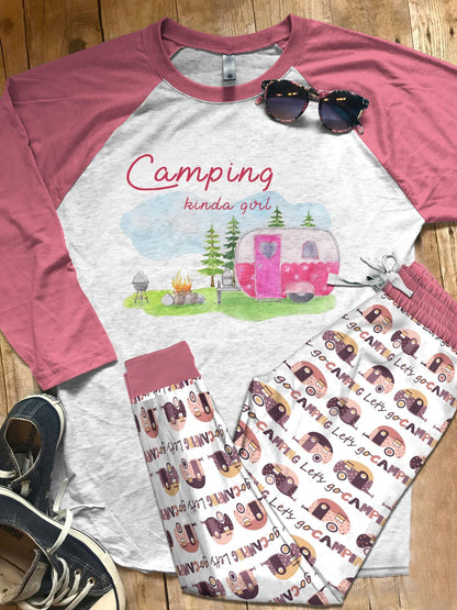 Camping Camping Kinda Girl Pajama Set |Sleepwear Pjs Sets | Raglan Shirt Pants Set