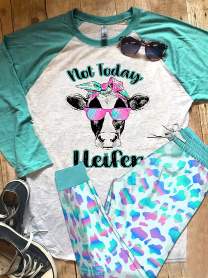 Cow Turquoise Nice Pajama Set |Sleepwear Pjs Sets | Raglan Shirt Pants Set